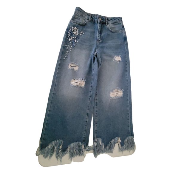 Blue Flare Jeans with Distressed Details and Rhinestone Embellishments - Picture 3 of 8